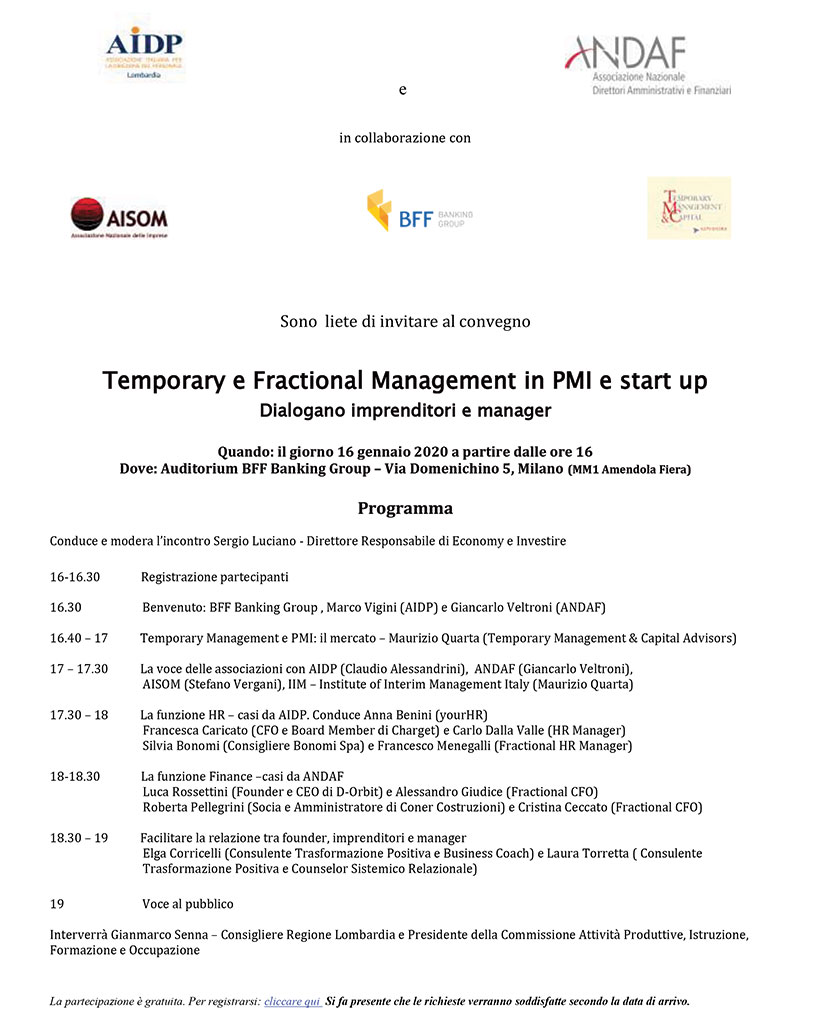 Temporary e Fractional Management in PMI e start up - Milano 16 gennaio 2020